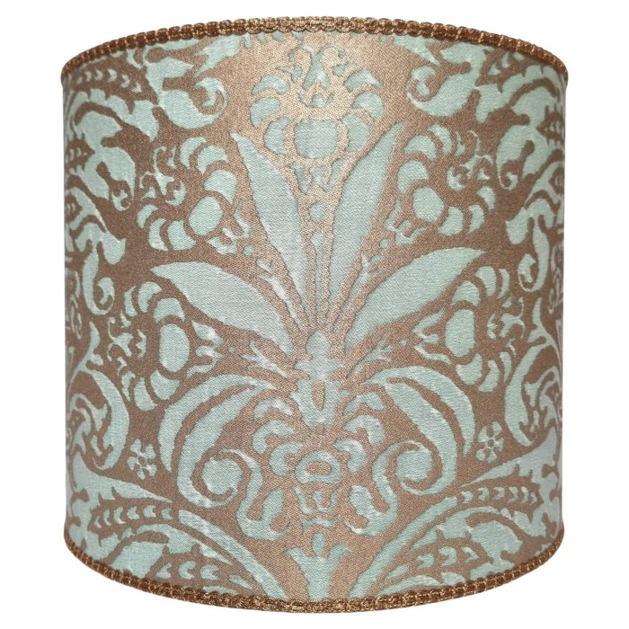 Abat Jour Cylindre Fait Main en Tissu Fortuny Campanelle Aquamarine et Or