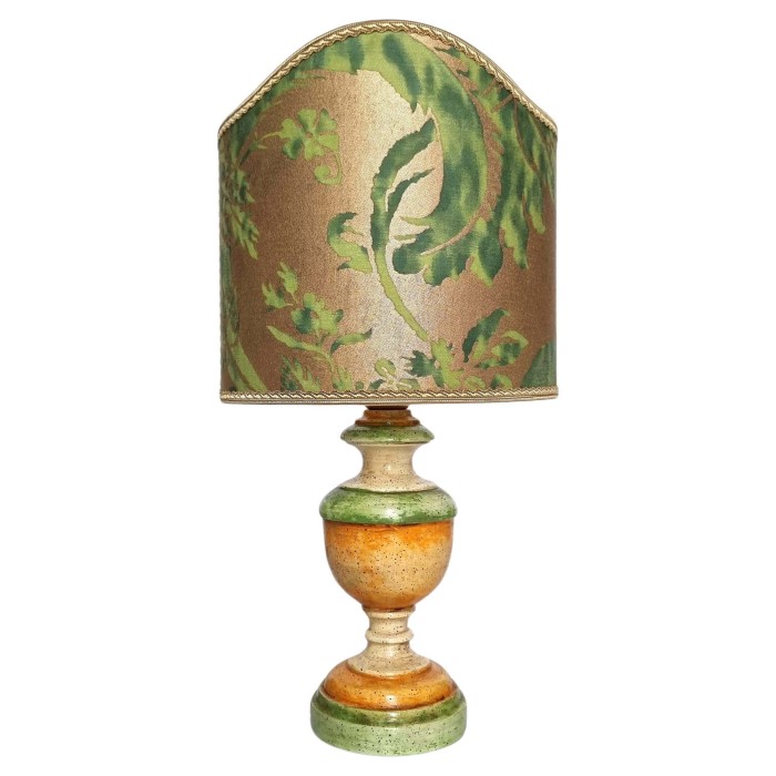 Green and Orange Lacquered Turned Wood Table Lamp with Fortuny Fabric Lampshade