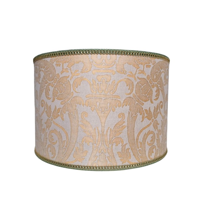 Drum Lampshade in Fortuny Fabric Antique Yellow Monotones Uccelli Pattern