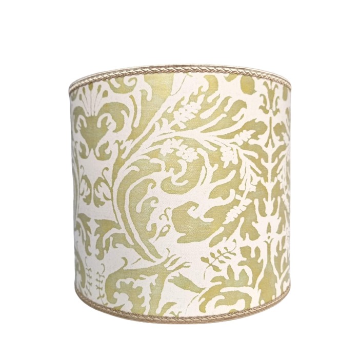 Drum Lampshade in Fortuny Fabric Bayou-Lime Green & Beige Sevres Pattern