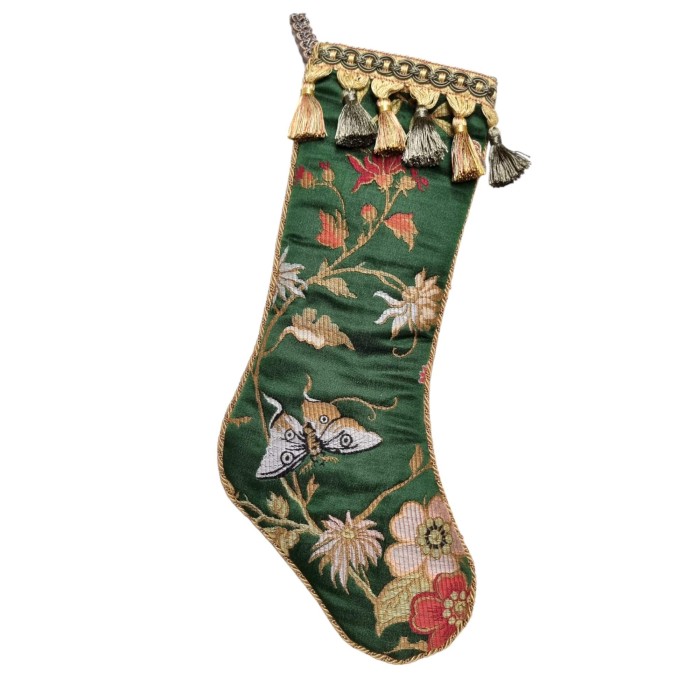 Luxury Christmas Stocking with Tassel Trim Emerald Green Silk Brocade Luigi Bevilacqua Fabric Uccelli Pattern