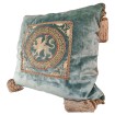 Luxury Embroidered Aqua Rubelli Velvet Pillow with Corner Tassels