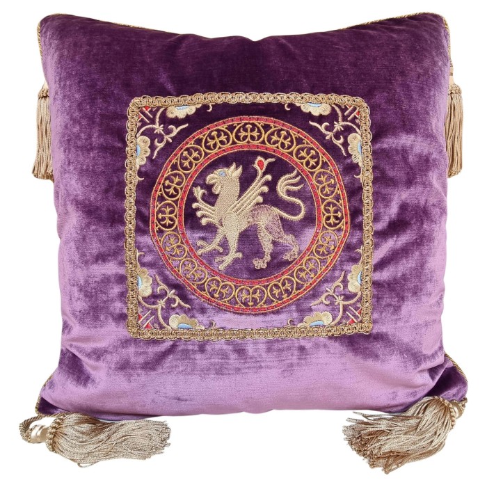 Embroidered Purple Rubelli Velvet Pillow with Corner Tassels