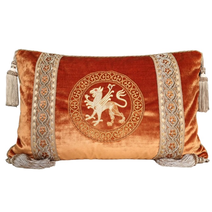 Embroidered Pillow with Antique Gold Metallic Galon Burnt Orange Rubelli Velvet