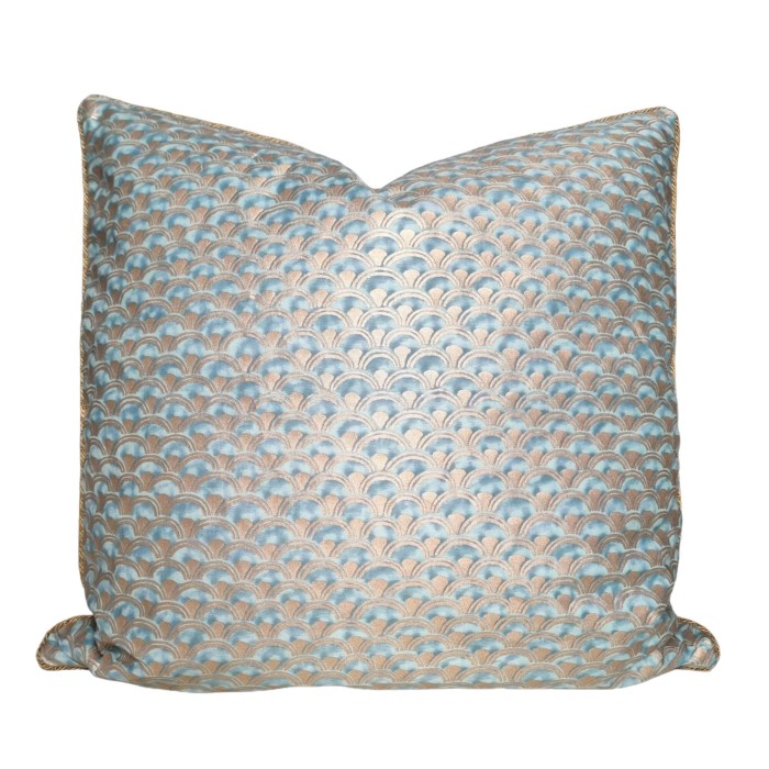 Housse de Coussin Fait Main en Tissu Fortuny Papiro Bleu-Vert et Or