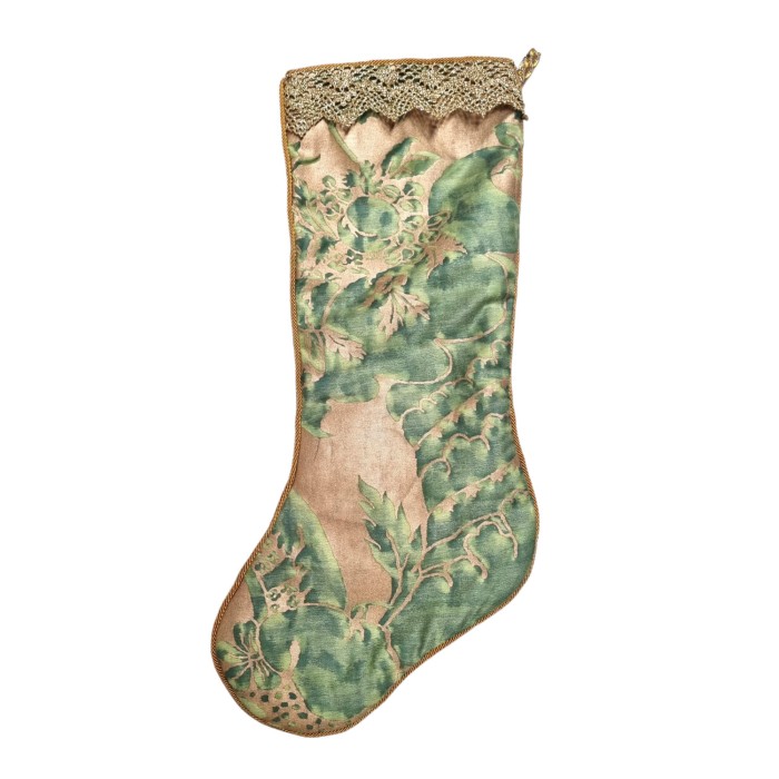 Luxury Christmas Stocking Fortuny Fabric Green & Silvery Gold Olimpia Pattern