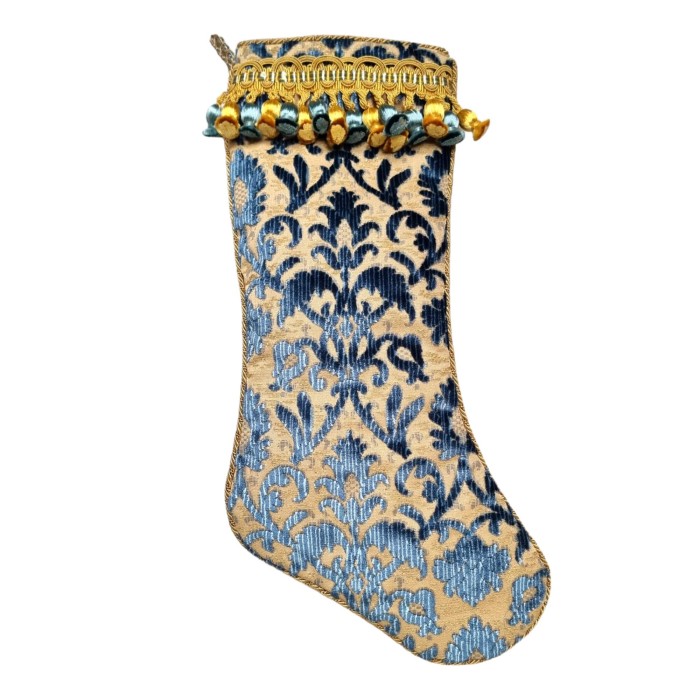 Luxury Christmas Stocking Luigi Bevilacqua Silk Heddle Velvet Indigo Blue Rinascimento Pattern