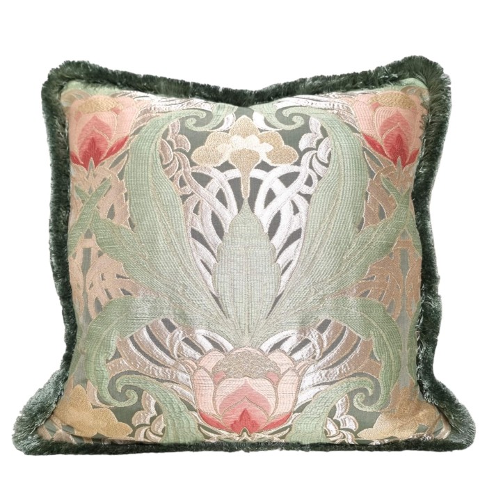 Pillow Case with Brush Fringe Luigi Bevilacqua Jade Green Silk Lampas Tulipani Pattern