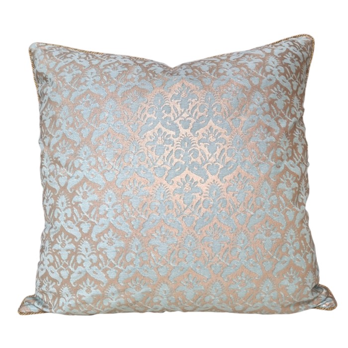 Throw Pillow Cushion Cover Fortuny Fabric Aquamarine & Silvery Gold Delfino Pattern