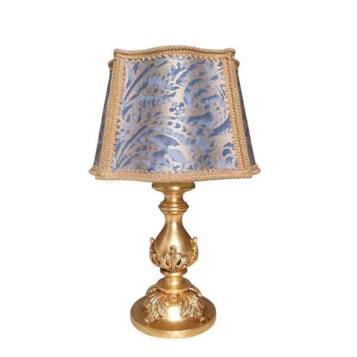 Lampe de Table en Bois et Feuille d'Or avec Abat Jour en Tissu Fortuny