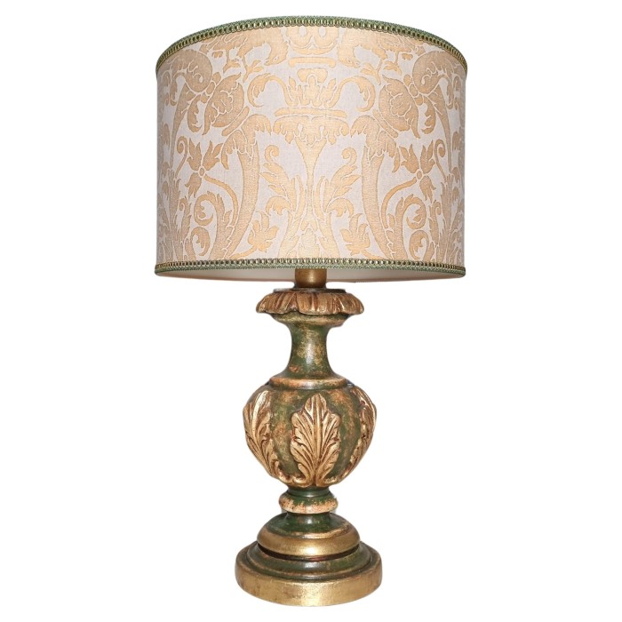 Green & Gold Leaf Lacquered Turned Wood Table Lamp with Fortuny Fabric Lampshade