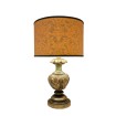 Lampe de Table en Bois Patiné Vert et Feuille d'Or avec Abat Jour en Tissu Fortuny