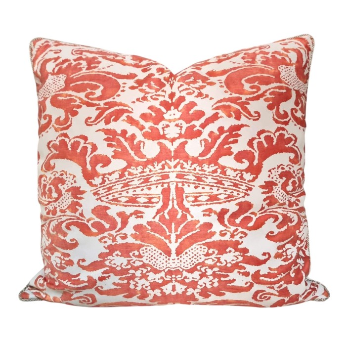 Housse de Coussin Fait Main en Tissu Fortuny Corone Rouge Orangé et Gris Clair