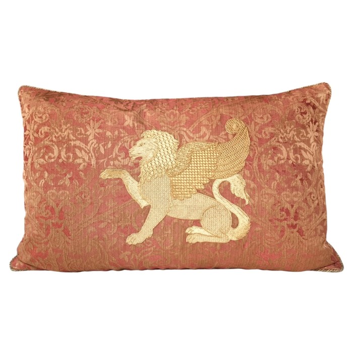 Gold Winged Lion Embroidered Orange Brocade Fabric Pillow