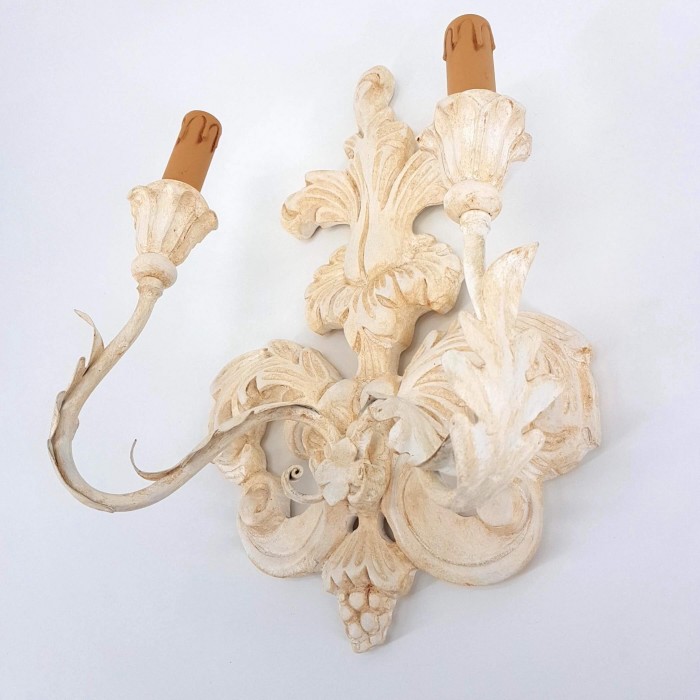 Carved Distressed Antique White Wood Wall Sconce with Fortuny...