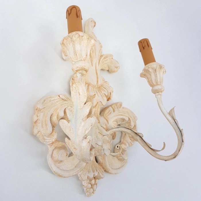 Carved Distressed Antique White Wood Wall Sconce With Fortuny