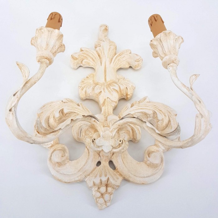 Carved Distressed Antique White Wood Wall Sconce with Fortuny...