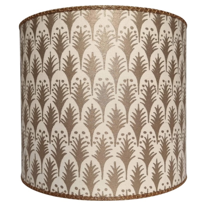 Drum Lampshade in Fortuny Fabric Ivory & Gold Piumette Pattern